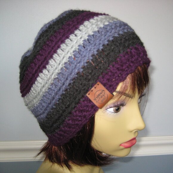 Plum Gray Stripe Hand Knit / Crochet Unisex  Winter Beanie NEW - Picture 11 of 11